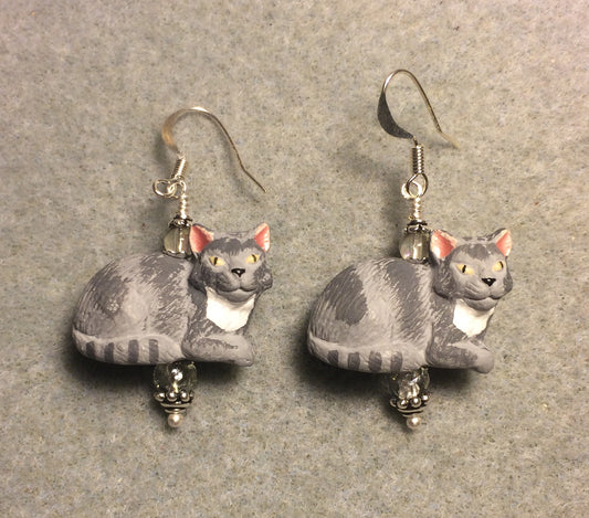 Gray and white ceramic cat bead earrings adorned with clear Czech glass beads.