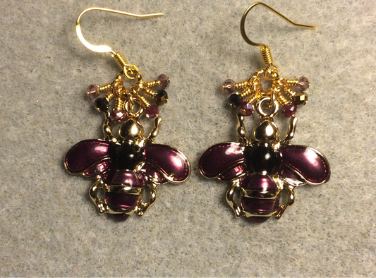 Purple and black enamel honeybee charm earrings adorned with tiny dangling purple and black Chinese crystal beads.