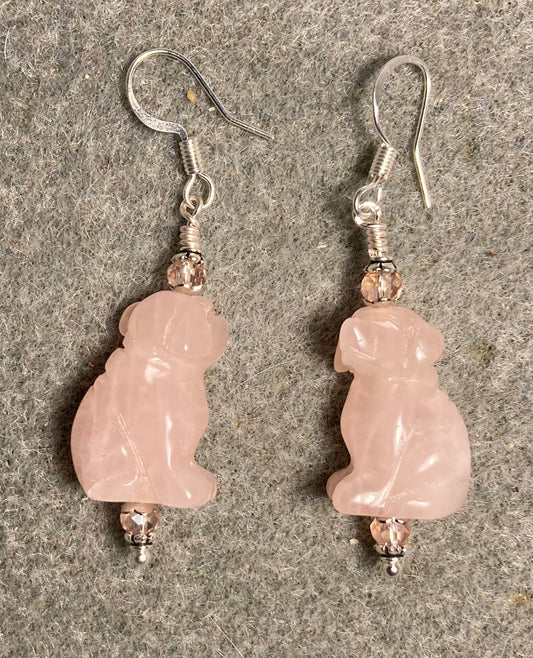 Pink rose quartz gemstone dog bead earrings adorned with pink Chinese crystal beads.