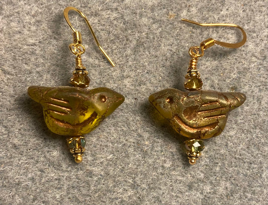 Olive green (with gold wash) Czech glass bird bead earrings adorned with olive green Chinese crystal beads.