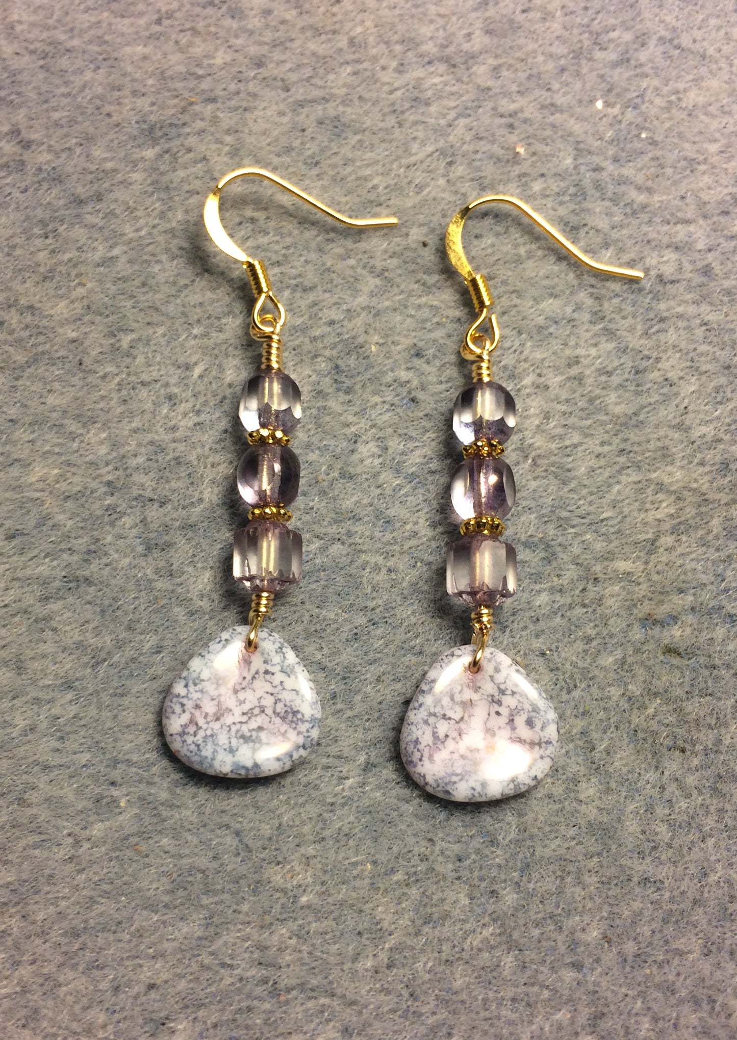 Light violet speckled Czech glass rose petal earrings adorned with light violet Czech glass beads.