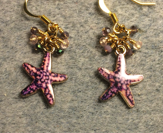 Purple and pink enamel starfish charm earrings adorned with tiny dangling purple and pink Chinese crystal beads.