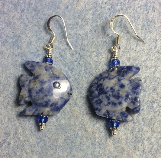Large blue sodalite gemstone angelfish bead earrings adorned with dark blue Chinese crystal beads.