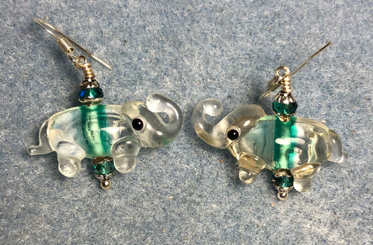 Clear and teal lamp work elephant bead earrings adorned with teal Chinese crystal beads.