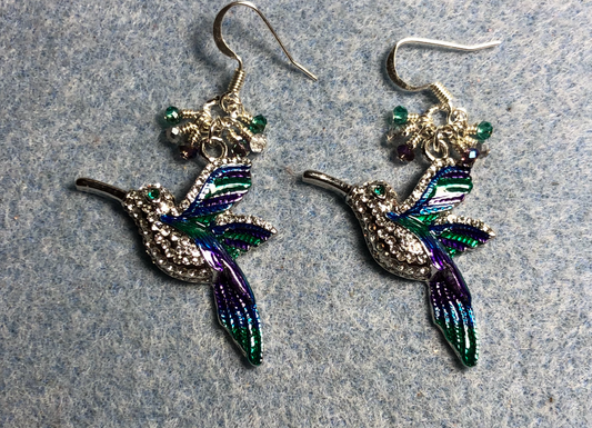 Silver, purple, and teal rhinestone hummingbird charm earrings adorned with tiny dangling purple, silver, and teal Chinese crystal beads.