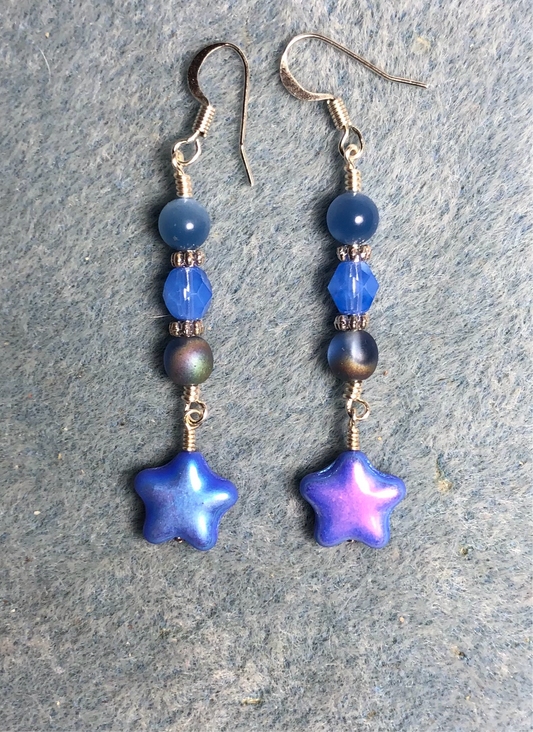Small metallic blue Czech glass star bead earrings adorned with blue Czech glass beads.