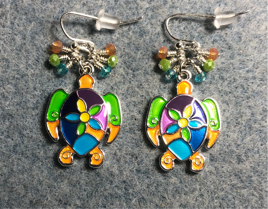 Colorful enamel sea turtle charm earrings adorned with small dangling turquoise, orange, and green Chinese crystal beads.