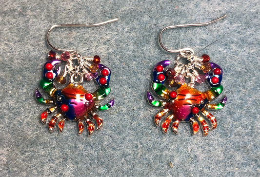 Silver and multicolored enamel crab charm earrings adorned with tiny dangling amber, red, and pink Chinese crystal beads.
