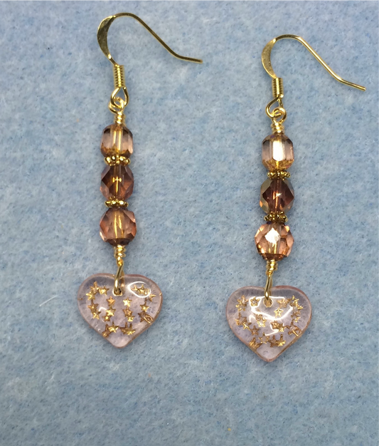 Rose pink Czech glass heart bead earrings adorned with rose pink Czech glass beads.