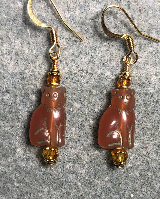 Small caramel Czech glass cat bead earrings adorned with amber Chinese crystal beads.