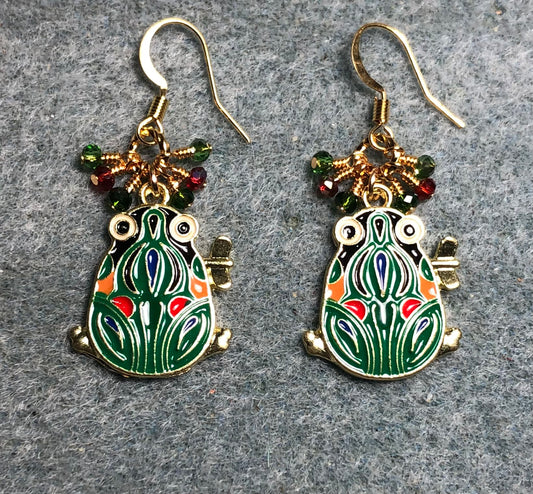 Vintage green and red enamel frog charm earrings adorned with tiny dangling green and red Chinese crystal beads.