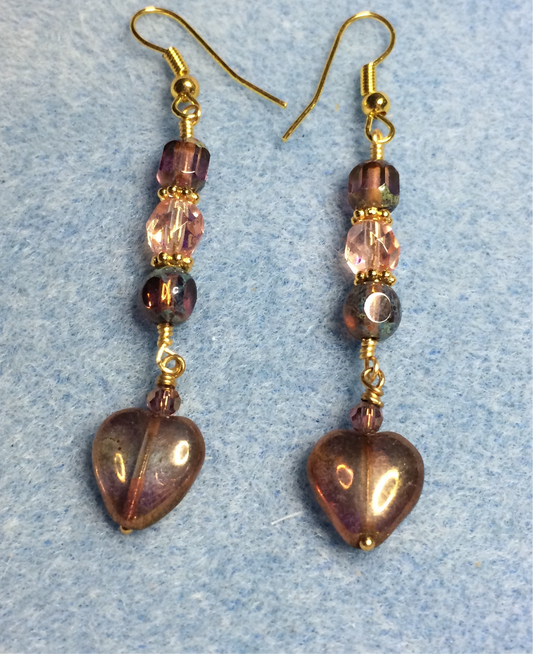Small pinkish gold Czech glass heart bead earrings adorned with pinkish gold and pink Czech glass beads.