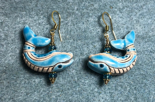 Turquoise and white ceramic whale bead earrings adorned with turquoise Chinese crystal beads.