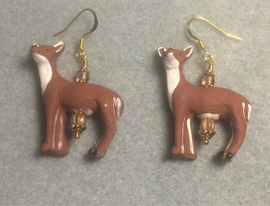 Large light brown and white ceramic deer bead earrings adorned with light brown Chinese crystal beads.