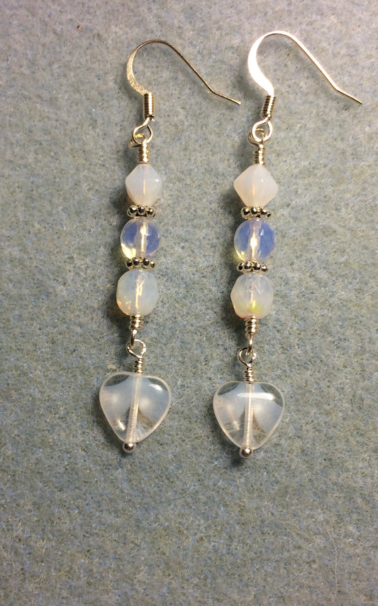 Small milky white and clear Czech glass heart bead earrings adorned with milky white and clear Czech glass beads.