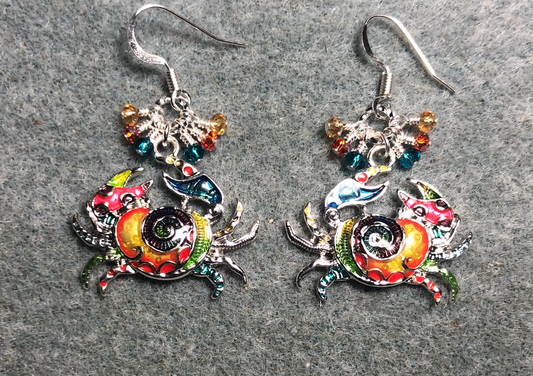 Silver and multicolored enamel crab charm earrings adorned with tiny dangling turquoise, red, and amber Chinese crystal beads.