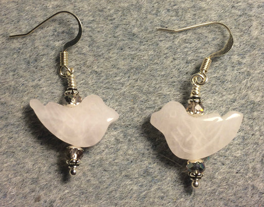 Rose quartz gemstone bird bead earrings adorned with purplish pink Chinese crystal beads.