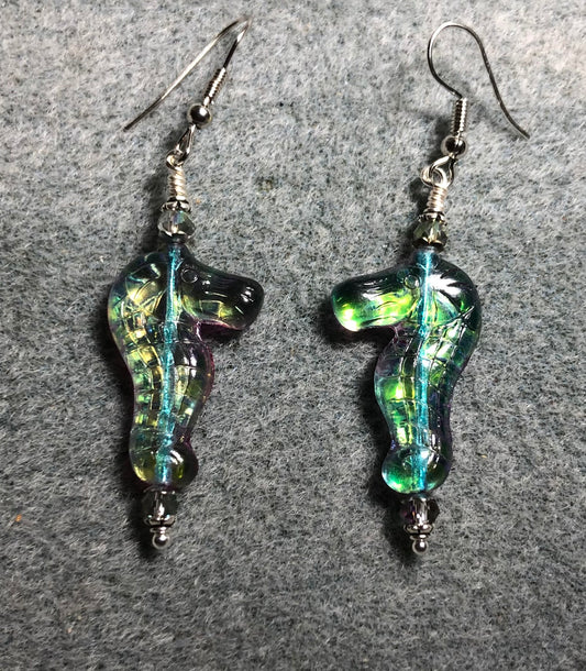 Shimmery blue green Czech glass seahorse bead earrings adorned with sparkly blue green Chinese crystal beads.