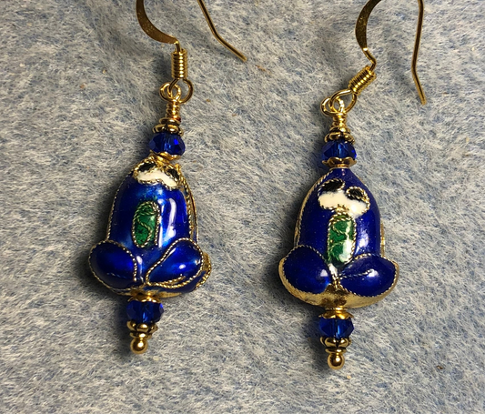 Dark blue cloisonné frog bead earrings adorned with dark blue Chinese crystal beads.