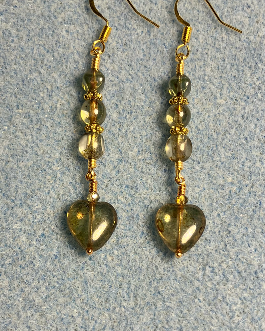 Small olive green Czech glass heart bead earrings adorned with olive green Czech glass beads.