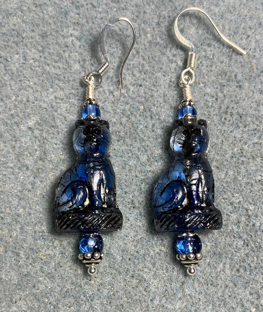 Dark blue (with black inlay) fancy Czech glass cat bead earrings adorned with dark blue Czech glass beads.