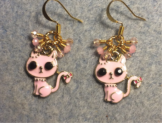 Small pink and gold enamel and rhinestone cat charm earrings adorned with tiny dangling pink and clear Chinese crystal beads.