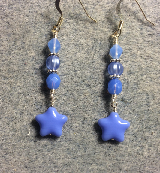 Small opaque baby blue Czech glass star bead earrings adorned with baby blue Czech glass beads.