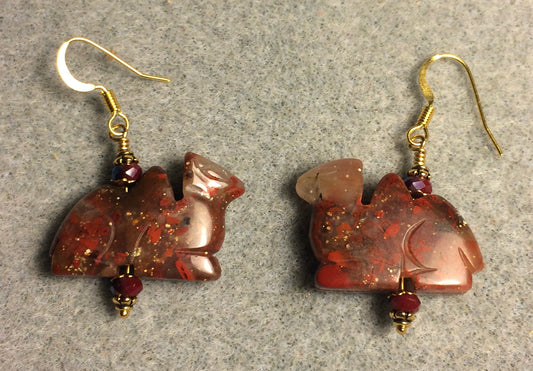 Red brecciated jasper gemstone camel bead earrings adorned with dark red Chinese crystal beads.