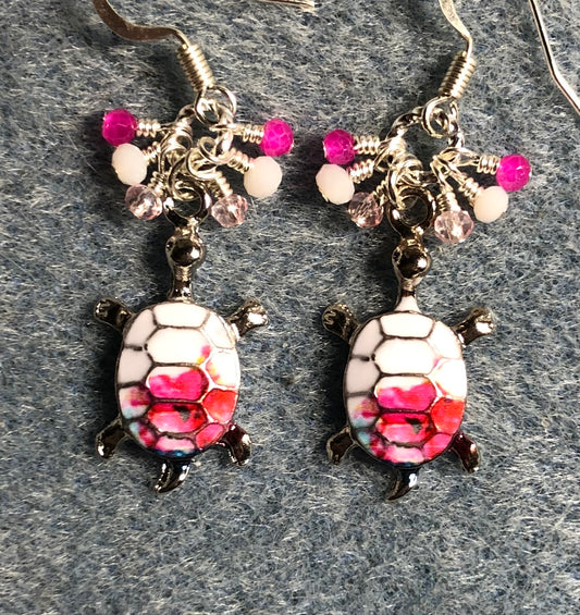 White and hot pink enamel turtle charm earrings adorned with tiny dangling white, hot pink, and light pink Chinese crystal beads.