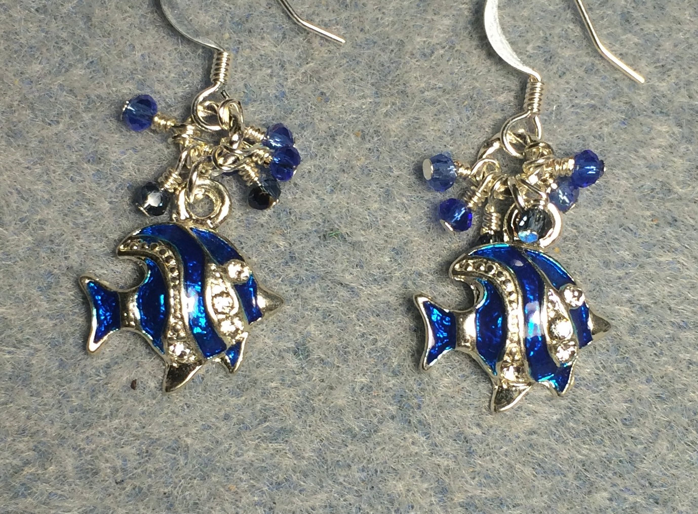 Dark blue and silver enamel and rhinestone angelfish charm earrings adorned with tiny dangling dark blue and silver Chinese crystal beads.