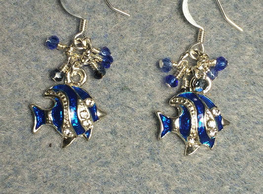 Dark blue and silver enamel and rhinestone angelfish charm earrings adorned with tiny dangling dark blue and silver Chinese crystal beads.