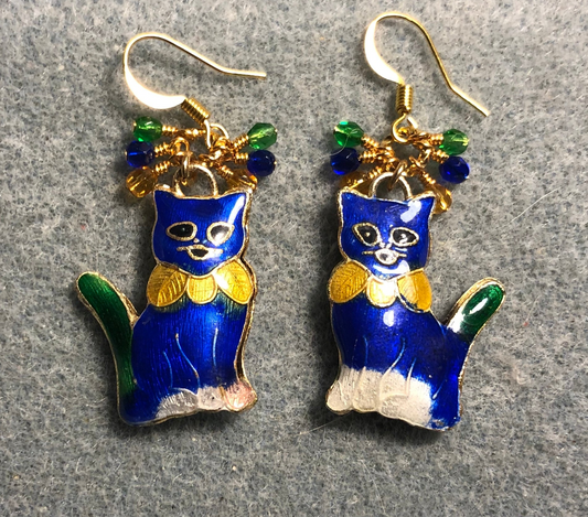 Dark blue, amber, and green cloisonné cat charm earrings adorned with small dangling dark blue, amber, and green Czech glass beads.