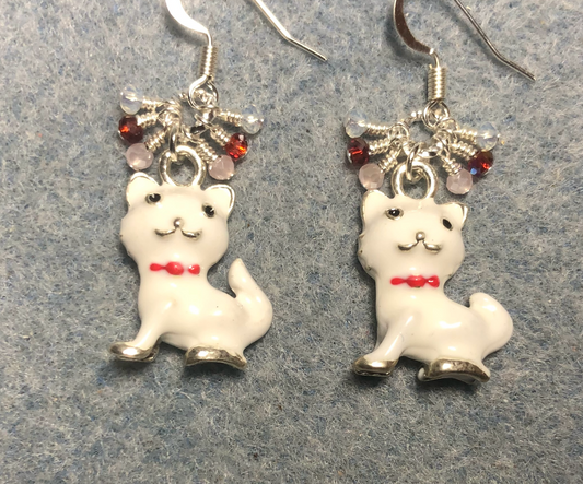 White, red, and silver cat charm earrings adorned with small dangling white, red, and clear Chinese crystal beads.