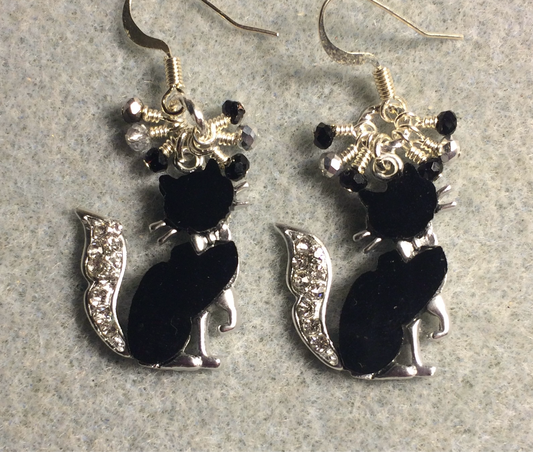 Silver and black resin and rhinestone cat charm earrings adorned with tiny dangling black and silver Chinese crystal beads.