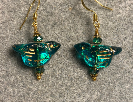 Teal (with gold wash) Czech glass bird bead earrings adorned with teal Chinese crystal beads.