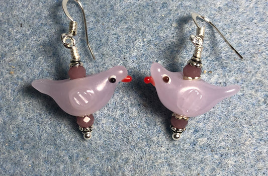 Milky violet lamp work songbird bead earrings adorned with violet Chinese crystal beads.