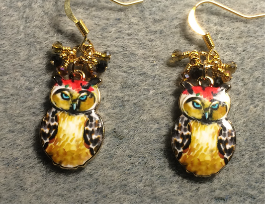 Amber, black, and gray enamel owl charm earrings adorned with tiny dangling amber, black, and gray Chinese crystal beads.
