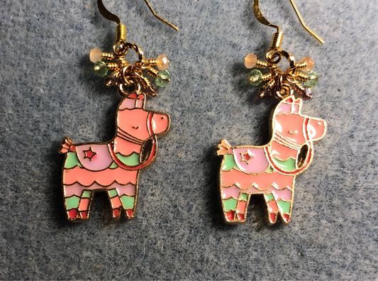 Peach, green, and violet enamel llama charm earrings adorned with tiny dangling peach, green, and violet Chinese crystal beads.