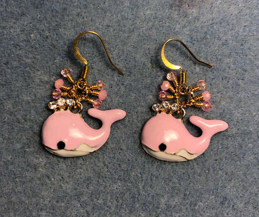 Pink and white enamel and rhinestone whale charm earrings adorned with tiny dangling pink Chinese crystal beads.