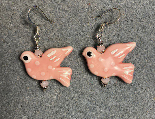 Large pink and white ceramic spotted dove bead earrings adorned with pink Chinese crystal beads.