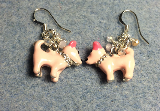 Silver, peach, and pink enamel and rhinestone chihuahua charm earrings adorned with tiny dangling peach and pink Chinese crystal beads.