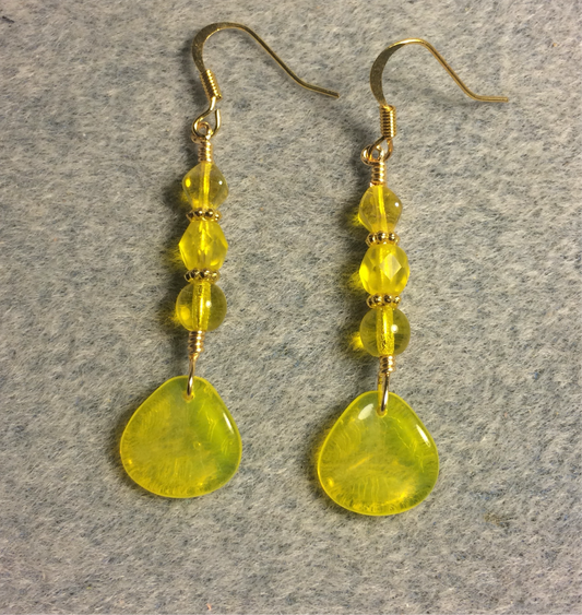 Translucent lemon Czech glass rose petal earrings adorned with lemon yellow Czech glass beads.