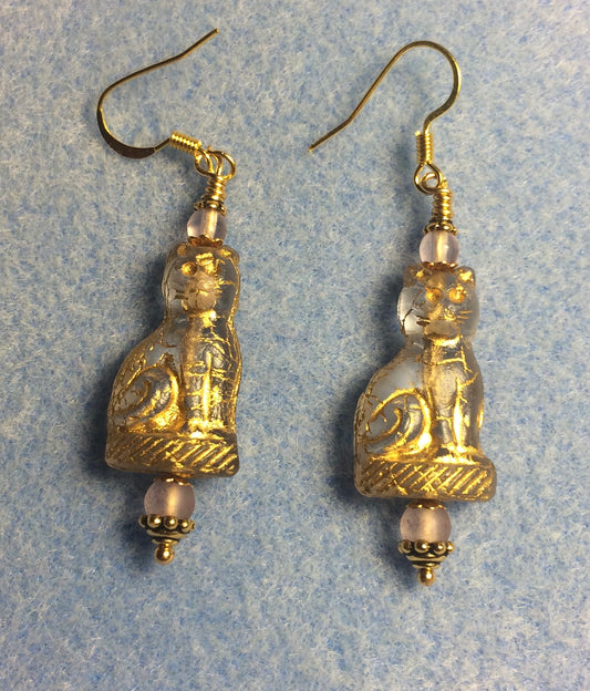 Translucent violet fancy Czech glass fancy cat bead earrings adorned with light violet Czech glass beads.