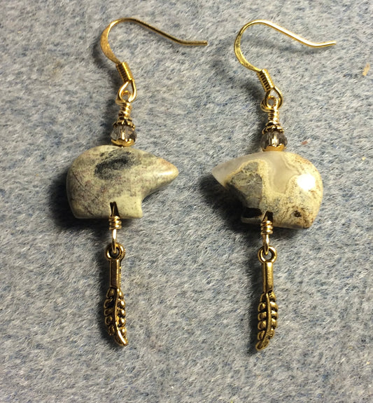 Silver leaf jasper gemstone Zuni bear fetish bead earrings adorned with tan crystal beads and tiny gold feather charms.