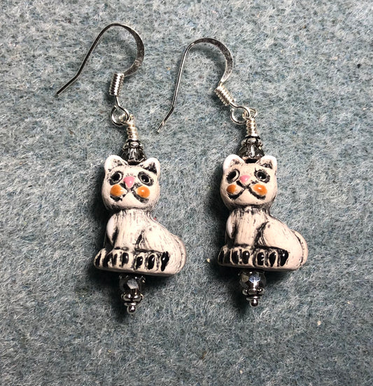 Small grey ceramic cat bead earrings adorned with clear Chinese crystal beads.