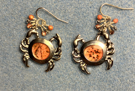 Large silver and coral abalone crab charm earrings adorned with small dangling coral, rose, and silver Czech glass beads.