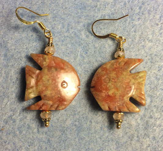 Large orange peach rainbow jasper gemstone angelfish bead earrings adorned with peach Chinese crystal beads.