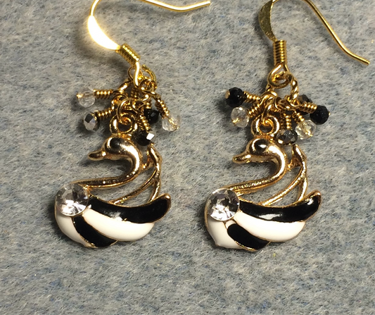 Black and white enamel and rhinestone striped swan charm earrings adorned with tiny dangling black and clear Chinese crystal beads.
