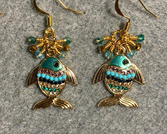 Gold, turquoise, and teal enamel fish charm earrings adorned with tiny dangling gold, turquoise, and teal Chinese crystal beads.