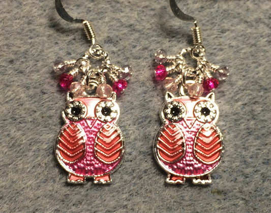 Hot pink and light pink enamel owl charm earrings adorned with tiny dangling hot pink and light pink Chinese crystal beads.